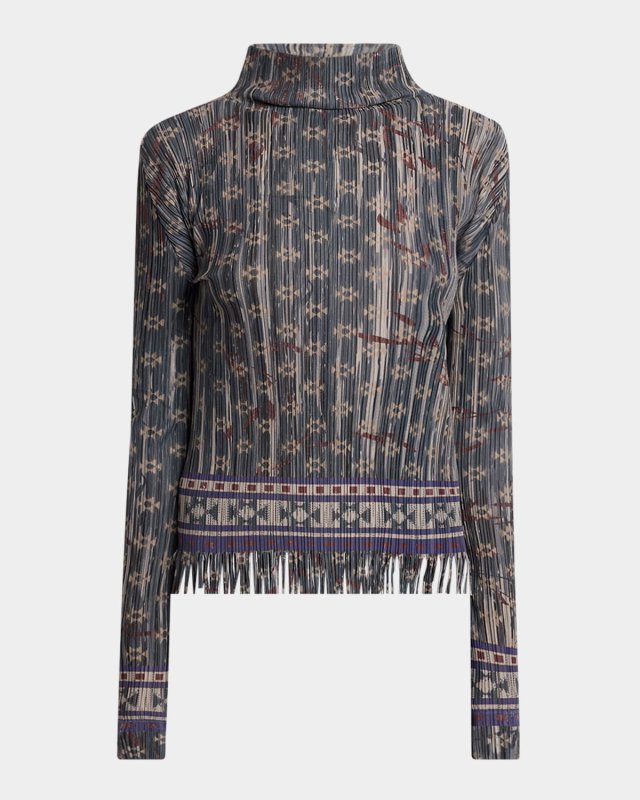 Mock-Neck Geo Jersey Plisse Fringe Top